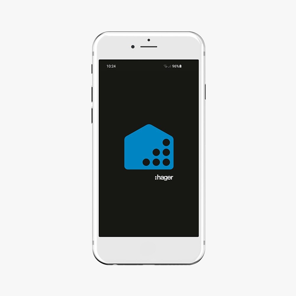 Blick auf Smartphone mit Hager Mood App zur Einrichtung von Zeitschaltuhren, Anzeige Hager Mood Symbol/Logo