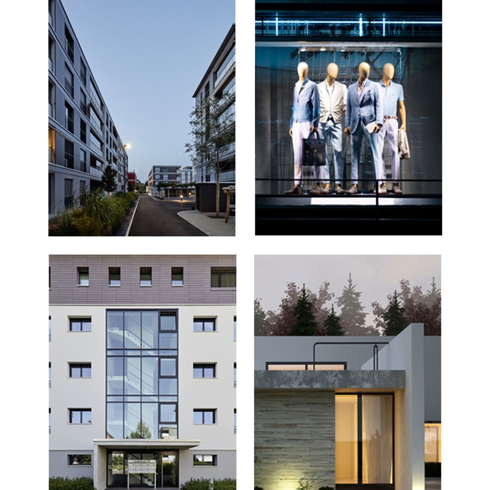 Collage verschiedener Gebäude und Gegenstände mit Schwerpunkt Beleuchtung und Umgebungslicht