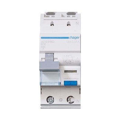Frontalansicht Hager ADS916D Fehlerstrom-Leitungsschutzschalter (FI-LS Schalter) 1-polig+N, Blick auf Anschlüsse und Kippschalter