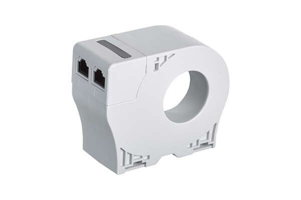 Schrägansicht Hager RH721 FI-Wandler mit RJ45-Buchsen für Fehlerstromschutz-Relais