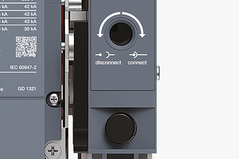 Nachansicht Anschluss für Drehkurbel zur Lasttrennung des offenen Leistungsschalters Hager HW1 bis 1.600 A