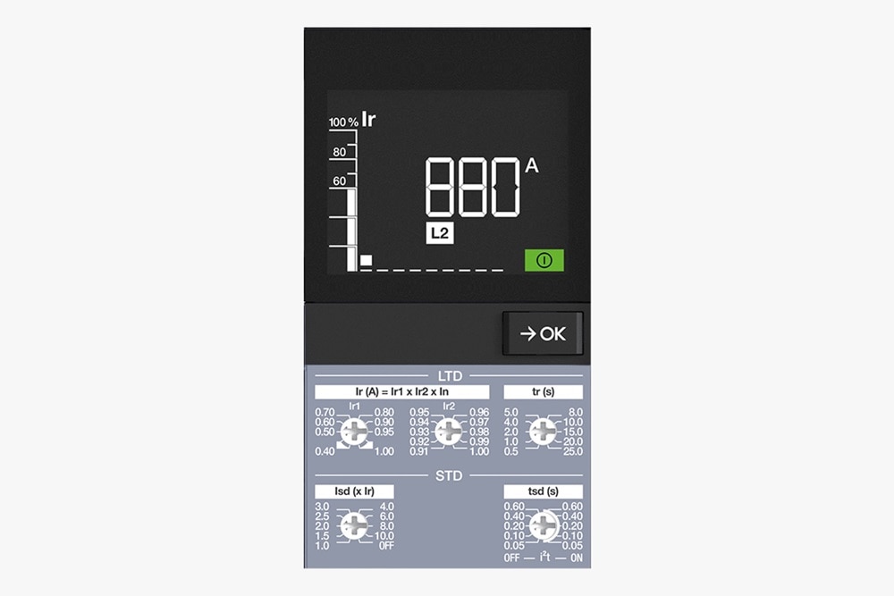 Detailansicht HWW452H Auslöseeinheit für HW+ Leistungsschalter, Blick auf Display, Einstellungen Langzeit-Überlastschutz und kurzzeitverzögerter Kurzschlussschutz