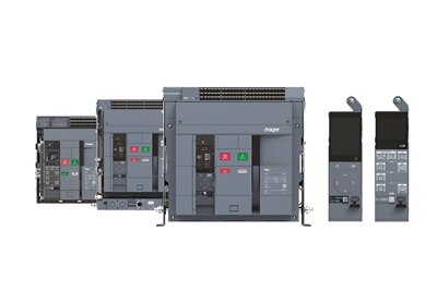 Collage der offenen Leistungsschalter HW1, HW2 und HW4 von Hager sowie der kompatiblen Ausslöseeinheiten sentinel LI, LSI und LSIG