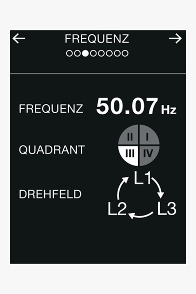 Detailansicht Display der Auslöseeinheit sentinel für offene Leistungsschalter von Hager HW+ Produktfamilie, Anzeige Informationen zu Frequenz Spannung