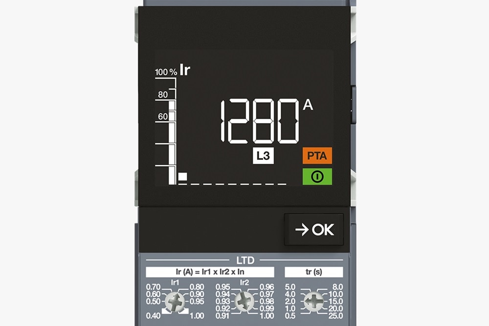 Frontalansicht Teilausschnitt Hager Auslöseeinheit HWW452H sentinel LSIG, Blick auf Display oben mit Anzeige Stromstärke
