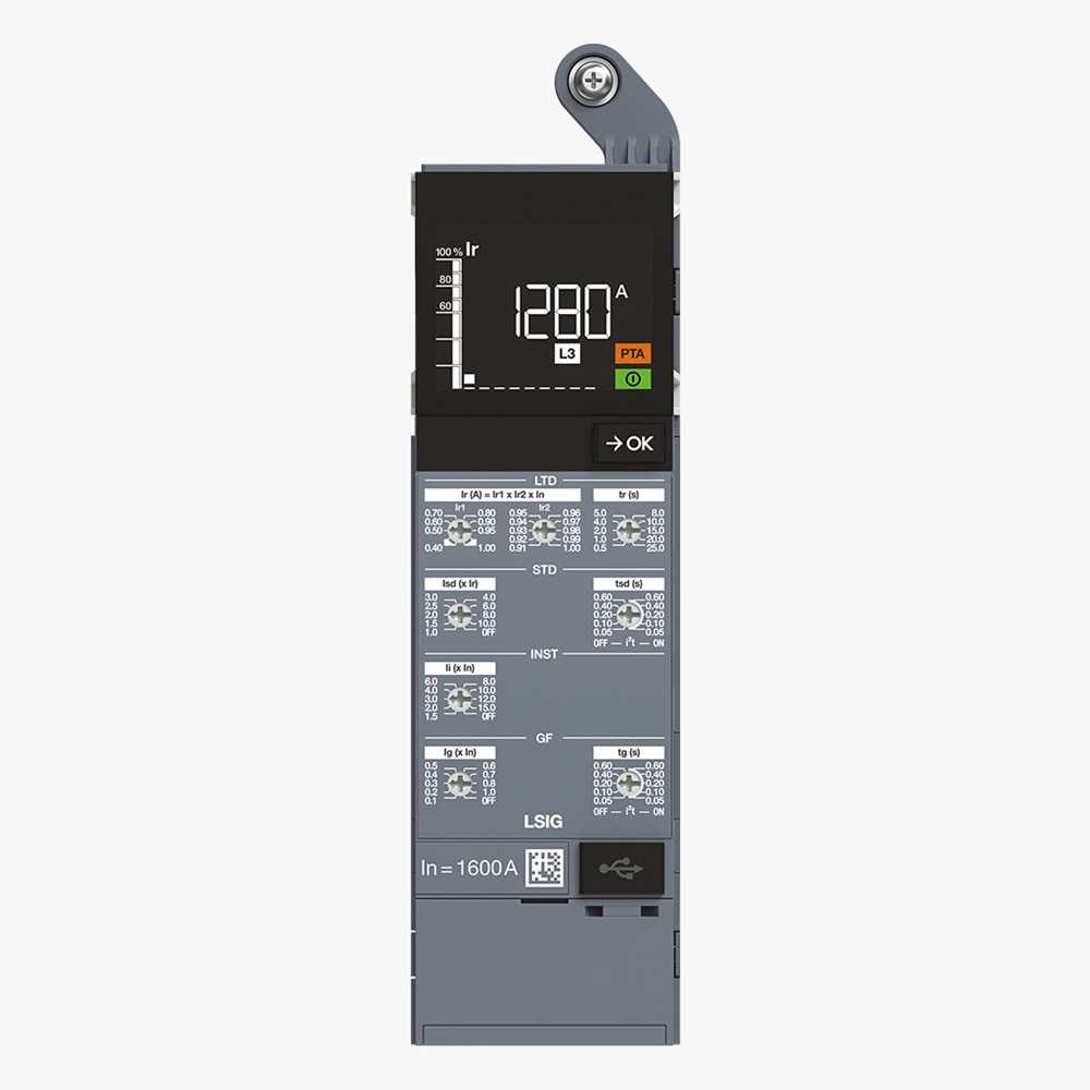 Frontalansicht Hager Auslöseeinheit HWW452H sentinel LSIG für offene Leistungsschalter HW+ Produktfamilie, Display zeigt Stromstärke