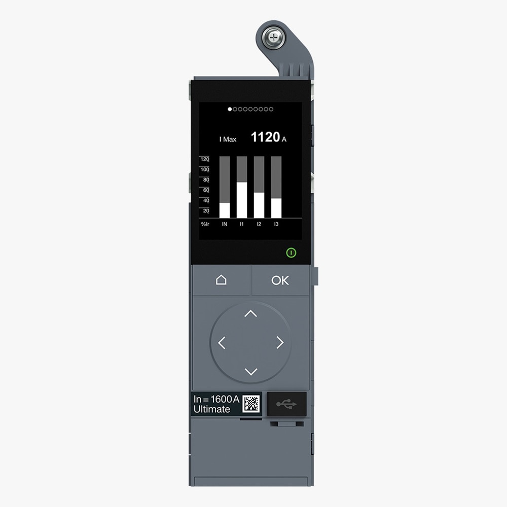 Frontalansicht Hager Auslöseeinheit HWW453H sentinel LSI für offene Leistungsschalter HW+ Produktfamilie, Display zeigt Stromstärke