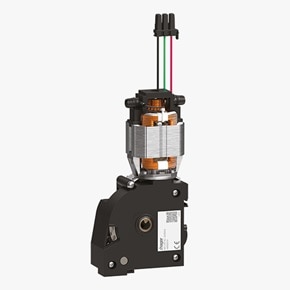 Schrägansicht Hager HWX001H Motorantrieb zum Spannen der Feder, Zubehörteil für offene Leistungsschalter Produktfamilie HW+