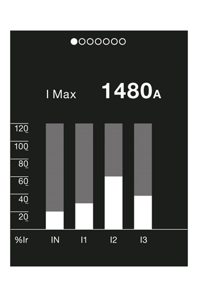 Anzeige der I MAX Stromstärke je Phase als Balkendiagramm auf Display Hager Auslöseeinheit sentinel LI/LIS/LSIG