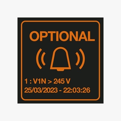 Piktogramm mit Darstellung einer Alarmglocke, großem Schriftzug optional und verschiedenen technischen und Zeitangaben