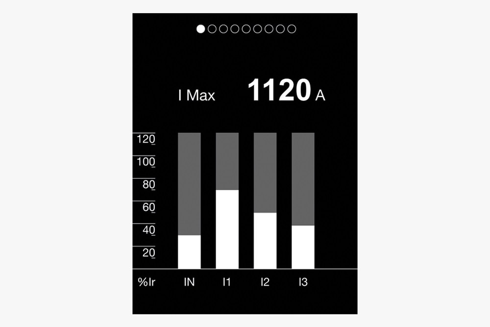 Anzeige der I MAX Stromstärke je Phase als Balkendiagramm auf Display Hager Auslöseeinheit sentinel LI/LIS/LSIG
