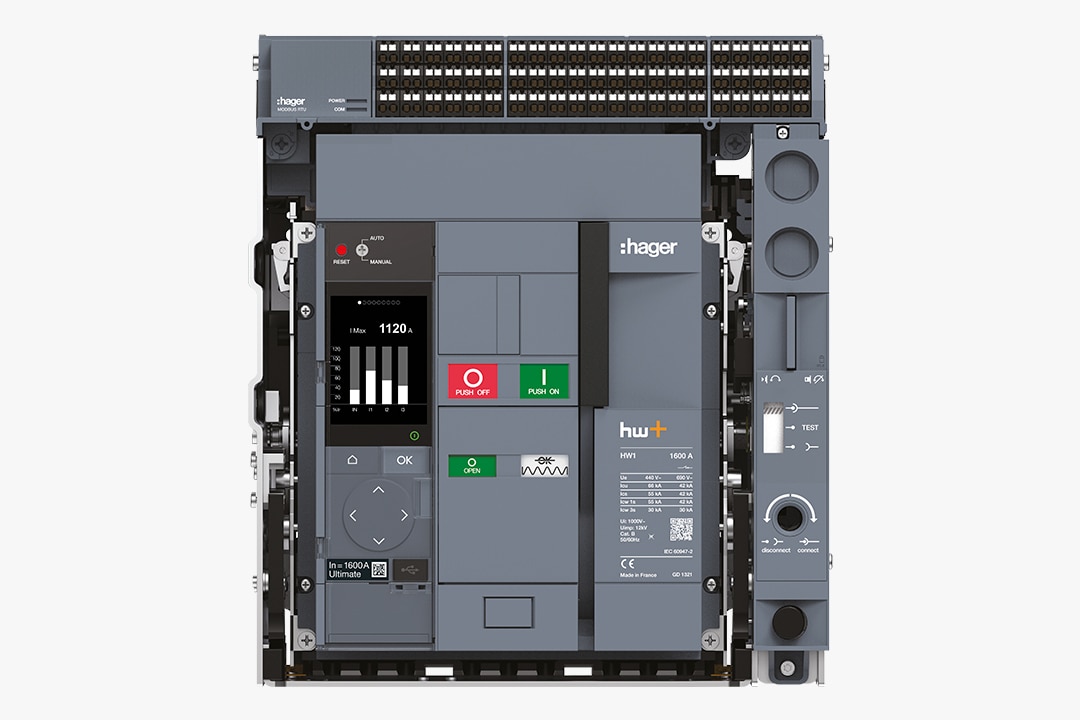Frontalansicht Hager HW1 offener Leistungsschalter bis 1.600 A mit HWW452H Auslöseeinheit
