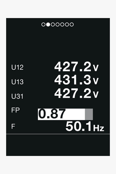 Anzeige diverse Spannungswerte, FP-Wert und Spannungsfrequenz auf Display Hager Auslöseeinheit sentinel LI/LIS/LSIG