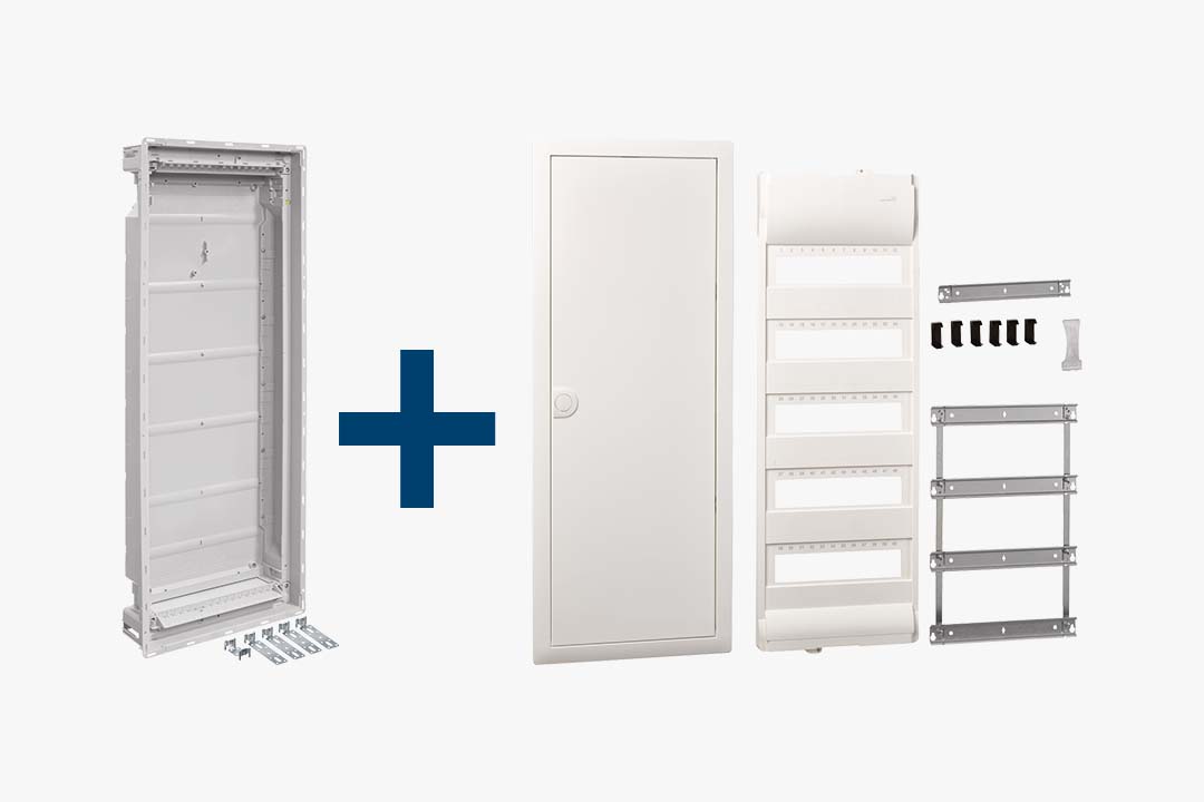 Übersicht Mauerkasten VU60NK und Ausbaupaket VZ60NRK u.a. mit Rahmen, Tür, Feldabdeckung, Trägerrahmen für Hager volta Kleinverteiler 