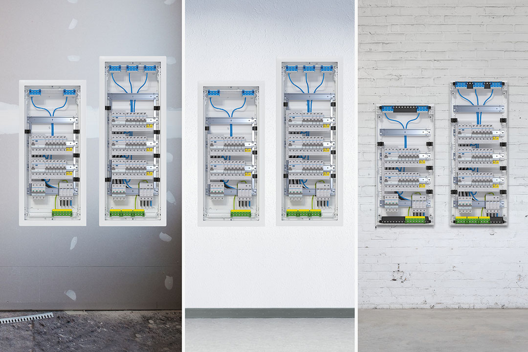 Beispiel einer Installation vorverdrahteter Hager volta Kleinverteiler 4-reihig und 5-reihig Trockenbauwand, verputzte Wand und Ziegelsteinwand