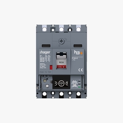 Frontalansicht Hager H3+ Leistungsschalter P160-E Energy, Blick auf Anschlüsse, Kippschalter und Display 