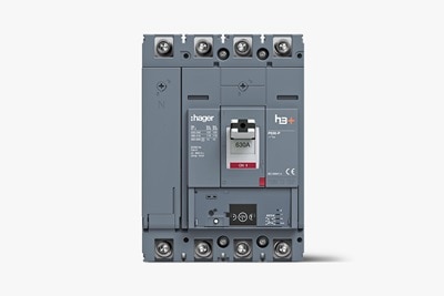 Frontalansicht Hager H3+ Leistungsschalter HPW631NR P630-P Energy, Blick auf Anschlüsse, Kippschalter und Display