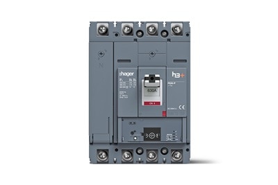 Frontalansicht Hager H3+ Leistungsschalter HPW631NR P630-P Energy, Blick auf Anschlüsse, Kippschalter und Display 
