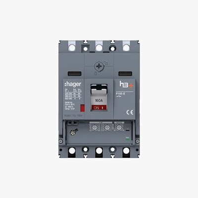 Frontalansicht Hager H3+ Leistungsschalter P160-E LSnI, Blick auf Anschlüsse, Kippschalter und Dreh-Potentiometer