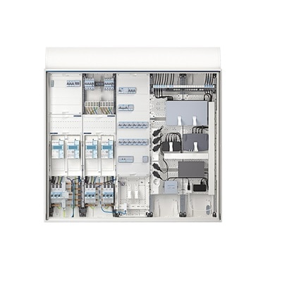 Frontalansicht Hager Technikzentrale (Zählerschrank) mit u.a. eHZ, Schalt-/Schützgeräten und Multimedia-Anwendungen