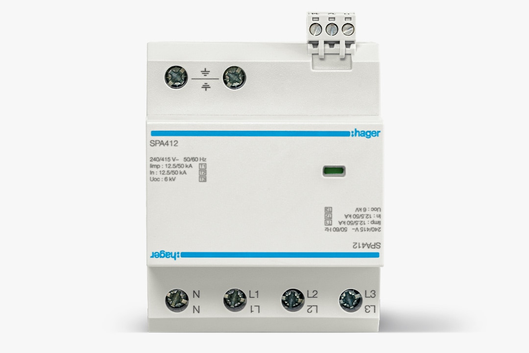 Frontalansicht Hager SPA412 Kombiableiter/Überspannungsschutz Typ 1+2+3 für TT/TNS-Systeme