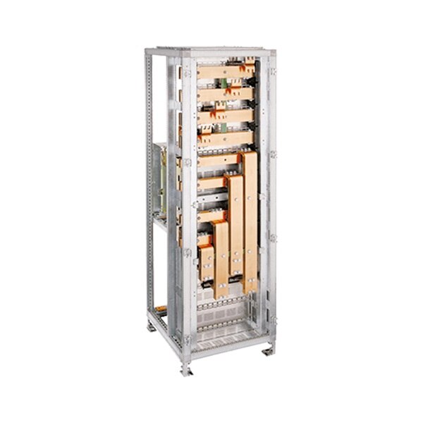 Schrägansicht Hager unimes H Schranksystem ohne Gehäuseteile, Blick auf waagerechte und senkrechte Hauptsammelschienen