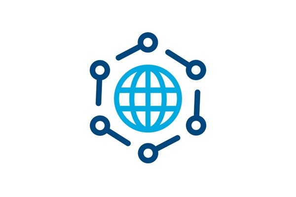 Icon für IoT (Internet of Things) mit Weltkugel, umgeben von lupenähnlichen Symbolen 