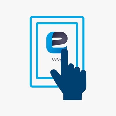Piktogramm mit Hand, die mit Zeigefinger auf ETS Easy Symbol tippt