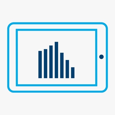 Pikotgramm mit Tablet im Querformat und mittig dargestelltem Balkendiagramm