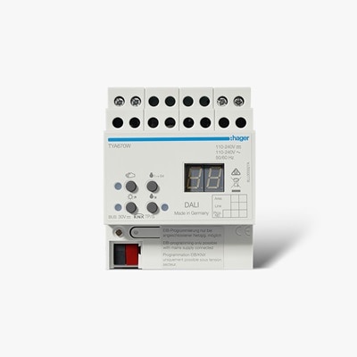 Frontalansicht Hager TYA670W KNX/Dali Gateway mit LC-Display, Bedienelemten und Schnittstellen