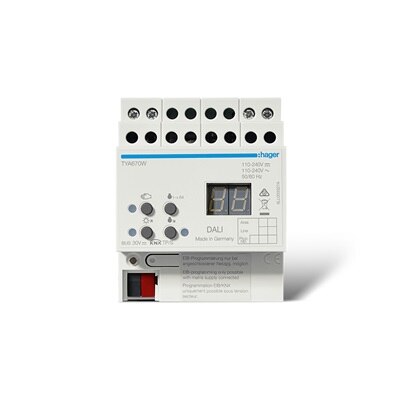 Frontalansicht Hager TYA670W KNX/Dali Gateway mit LC-Display, Bedienelemten und Schnittstellen