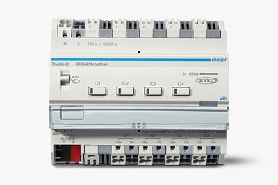 Frontansicht TXA664D: Der KNX/DALI Aktor 4-fach für easy und ETS-Programmierung unterstützt Tunable White und RGBW