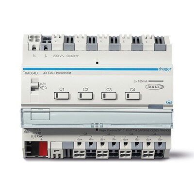 Frontalansicht Hager TXA664D KNX Dali Aktor mit vier Kanälen für smarte Lichtsteuerung und Szenen