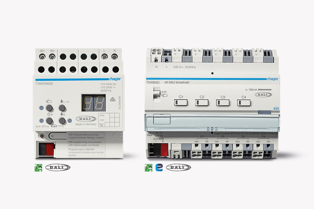 Frontalansicht Hager TYA670WD2 KNX/Dali Gateway für intelligente Lichtsteuerung und Szenen
