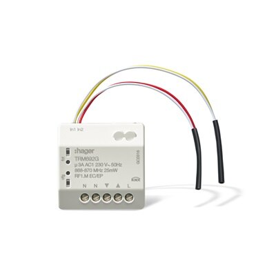 Frontalansicht Hager TRM692G KNX Funk Jalousieaktor 1-fach mit 2-fach Binäreingang für Unterputz-Montage 