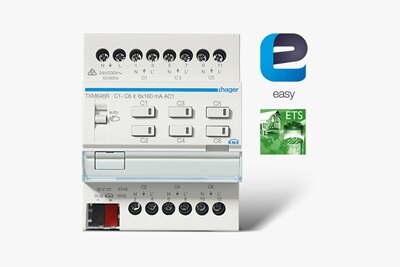 Frontalansicht Hager TXM646R KNX Heizungsaktor 6-fach mit Hinweis auf ETS oben rechts daneben