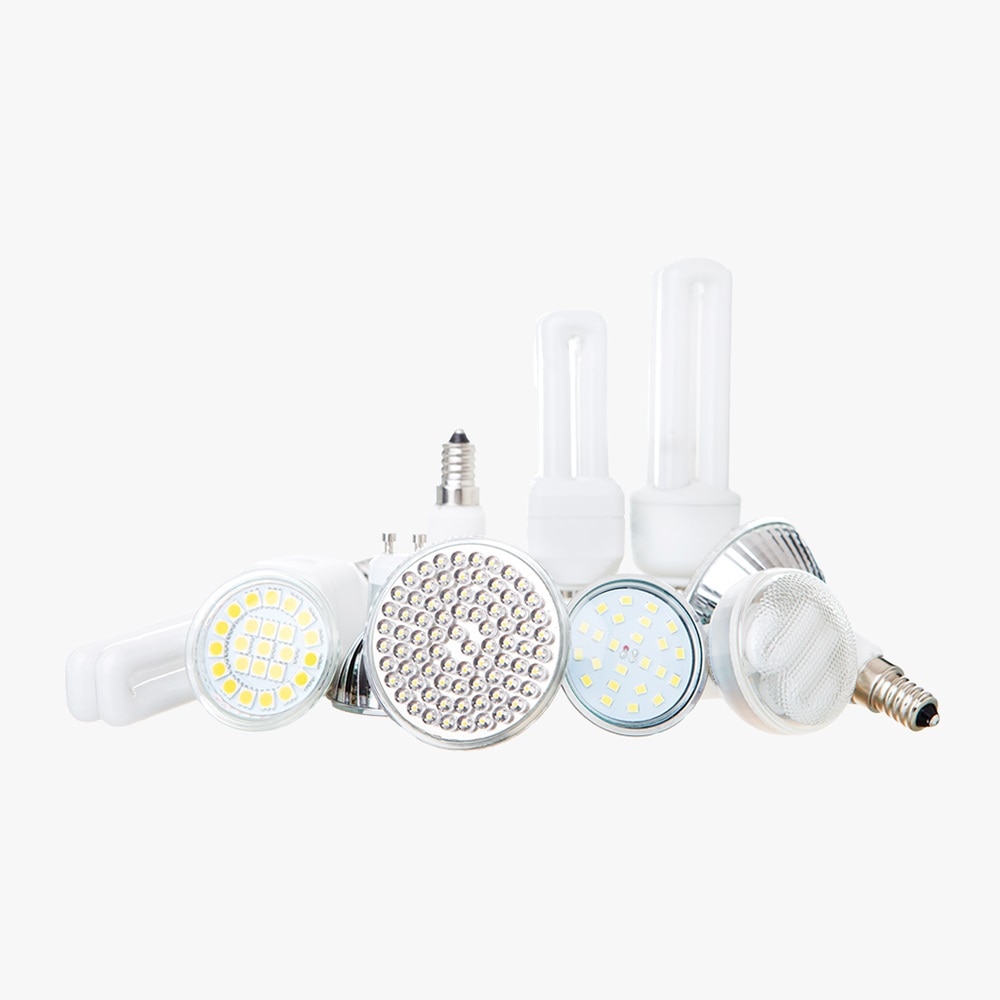 Zusammenstellung diverser Leuchtmittel wie LED und Energiesparlampen GU- und E14-Fassung