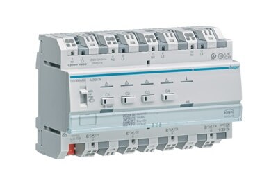 Schrägansicht Hager TYAS664AN KNX Universal-Dimmaktor 4-fach zur Lichtsteuerung