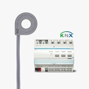 Frontalansicht Hager TE331 KNX Messwertgeber 3 Stromkreise und EK028 Stromwandler