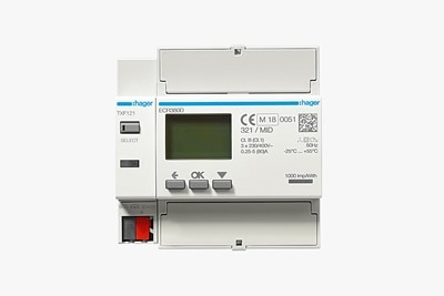 Frontalansicht Kombination Hager TXF121 KNX-Schnittstelle mit ECR380D Energiezähler 3-phasig Modbus, MID