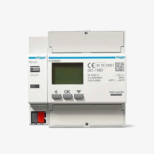 Frontansicht KNX-Schnittstelle TXF121 und Energiezähler