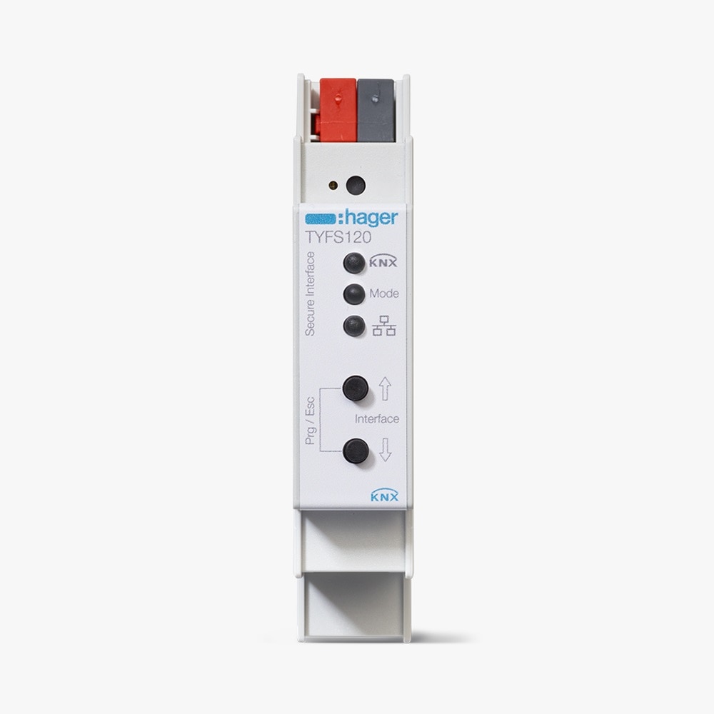 Frontalansicht Hager TYFS120 KNX/IP Schnittstelle Secure, Medien-Gateway KNX-Bus und LAN