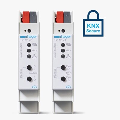 Frontalansicht Hager TYFS120 KNX/IP Schnittstelle Secure, Medien-Gateway und TYFS121 KNX Router Secure