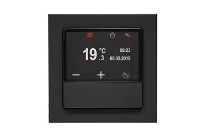Frontalansicht Berker Q.3 KNX Raumcontroller mit Display in Schwarz mit diversen Infos