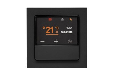 Frontalansicht Berker Q.3 KNX Temperaturregler mit Display in Schwarz mit diversen Infos