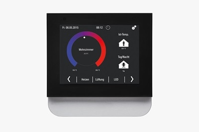Frontalansicht Hager KNX Touch Control Raumbediengerät/Temperaturregler zeigt Einstellung/Ist-Zustand Temperatur