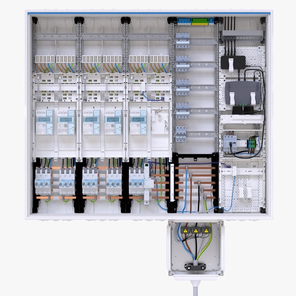 Blick in Hager Technikzentrale mit den Baugruppen für die Energieversorgung der Witty Share Ladestationen