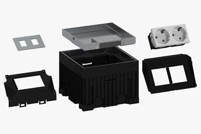 Blick auf Hager UDKQ02E15 Mini Set mit bestückter Edelstahlkassette, u.a. mit 2-fach Steckdose und Montageplatte LAN