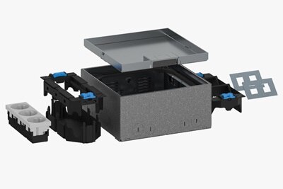 Blick auf Hager UDKQ06E15 Bodendosen-Set mit bestückter Edelstahlkassette Q6, u.a. mit 3-fach Steckdose und 2 Stück Montageplatte LAN