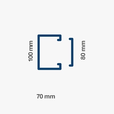 Illustration vom Schnitt des Kabelkanals mit 100 mm Breite , 70 mm Tiefe und 80 mm Oberteil-Breite